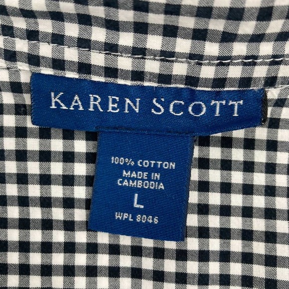 Karen Scott Black and White Gingham 3/4 Sleeve Button Front Collared Top - Picture 7 of 8